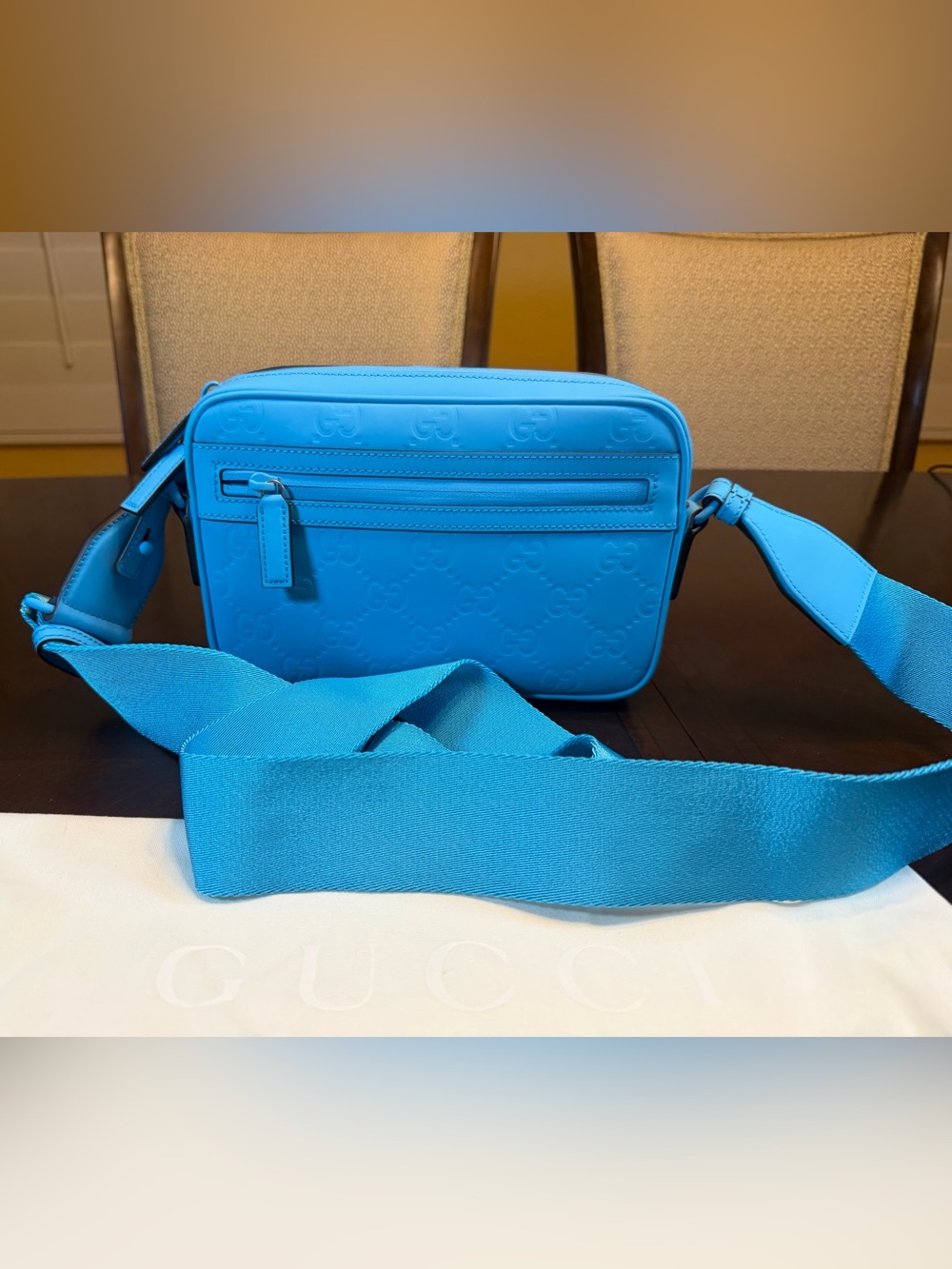 New Authentic Gucci GG Supreme Logo Blue Leather Shoulder Bag - Picture 4 of 16